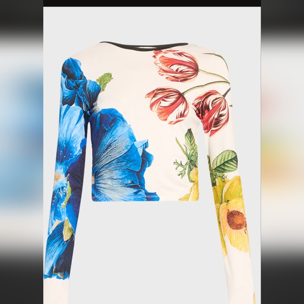 Alice + Olivia Le Perisian Floral Crop Top in Blue, Red, and Yellow